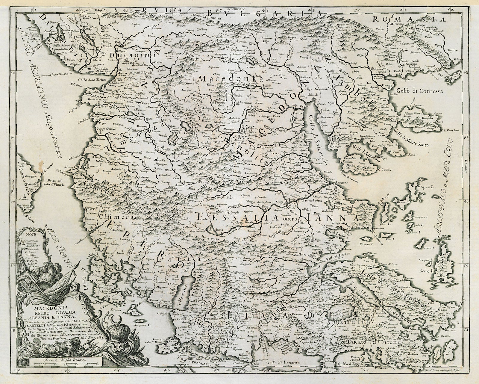 Macedonia, Epiro, Livadia, Albania e Ianna. North Greece ROSSI/CANTELLI 1684 map